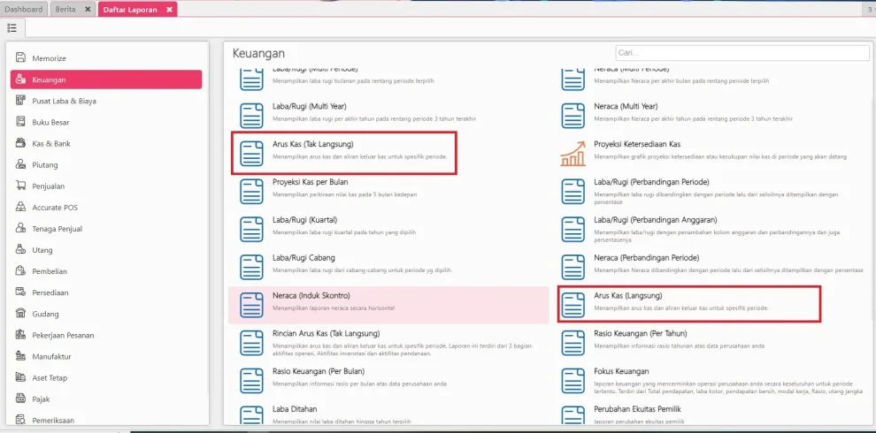 Memilih menu Keuangan Arus Kas